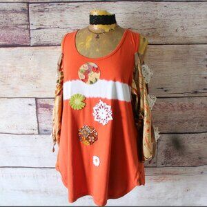 UPCYCLED Open Shoulder Bohemian Lace Bell Sleeves Orange/White/Brown TOP Sz. XL